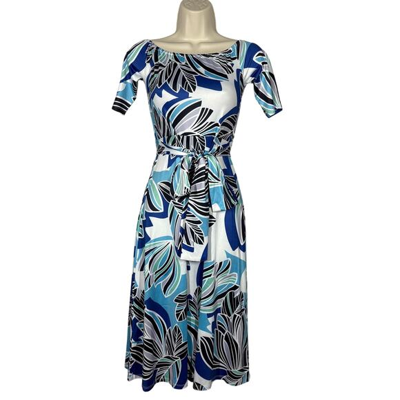 NEW! Yumi Kim Mod Print Midi Dress Short Sleeve Blue White Stretch - S - Picture 1 of 9